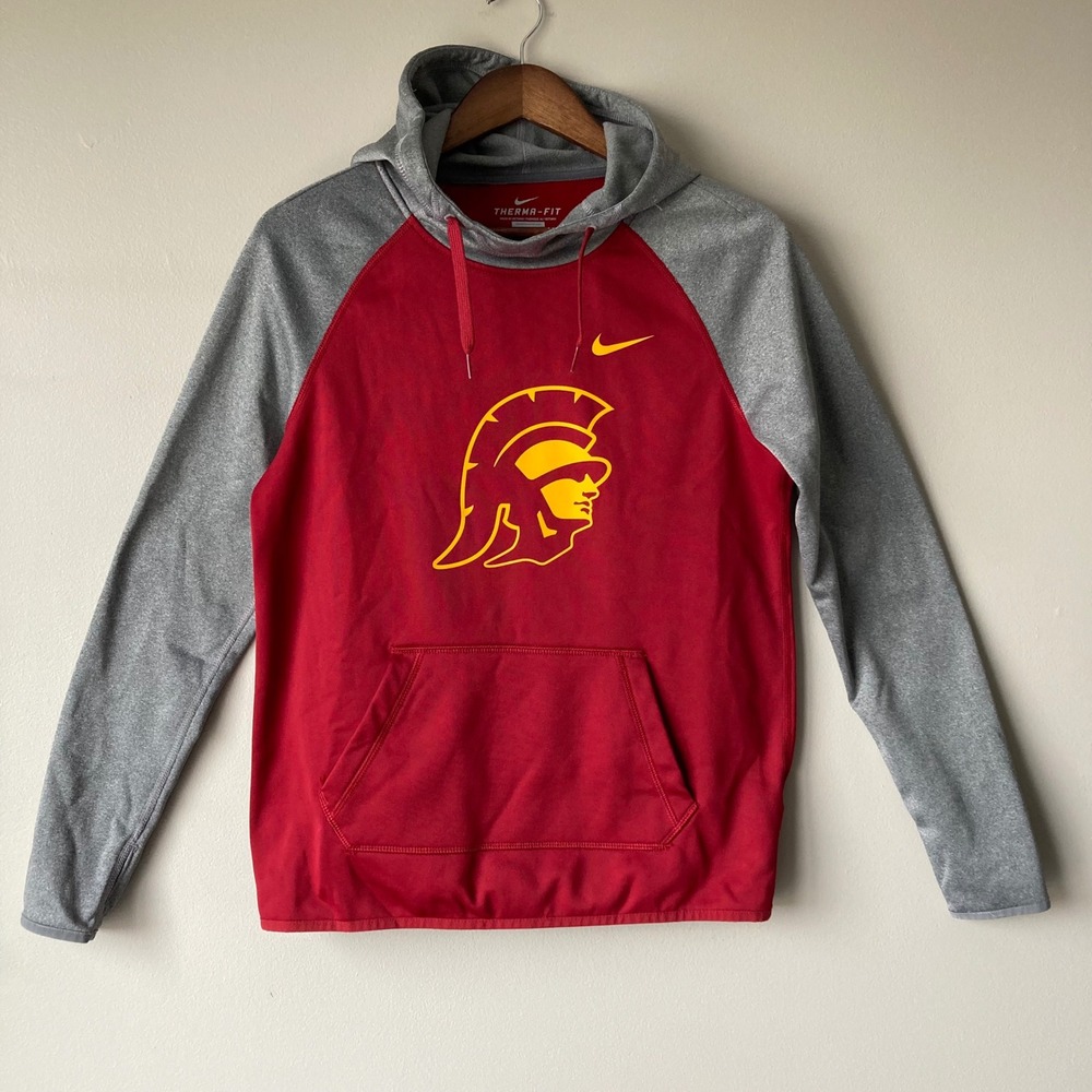 Nike USC Trojans Therma-FIT Hoodie Mens Small Red Grey Pullover Sweatshirt NCAA